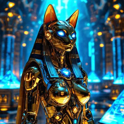 The primary subject of the image is a futuristic robotic woman with a gold and blue color scheme. She is wearing a gold bikini and has blue eyes. The setting is a futuristic environment with a blue background, and the visual style is a digital art or illustration. The colors and mood of the image are futuristic and technological, with a sense of advanced design and engineering.